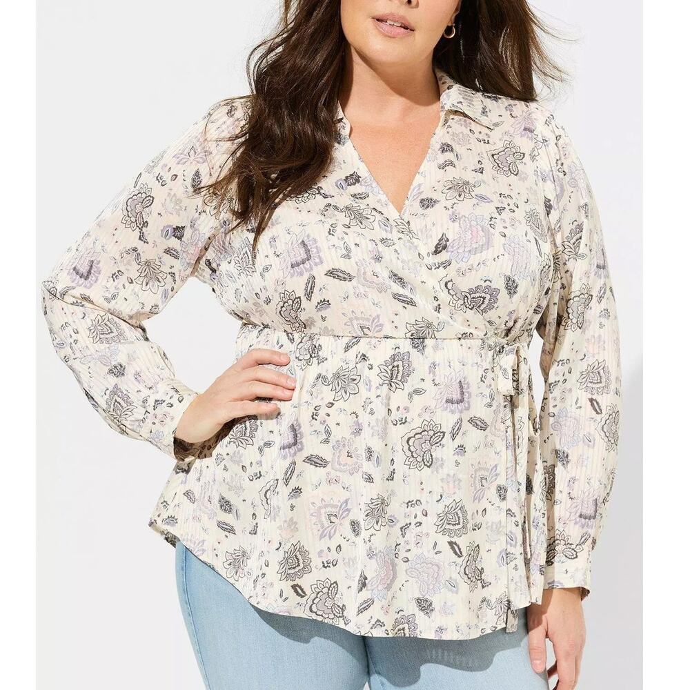 Torrid Floral Striped Satin Surplice Top Plus Size 2X Cottage Brunch Romantic